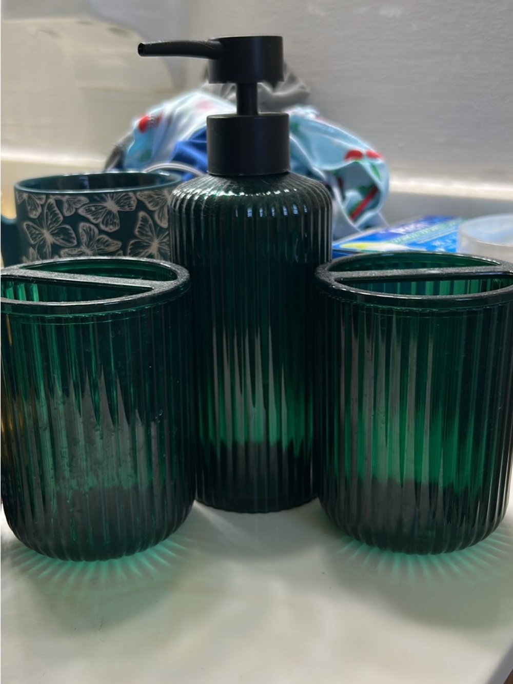 Emerald Green Ribbed Glass Soap Dispenser & Storage Bathroom Set